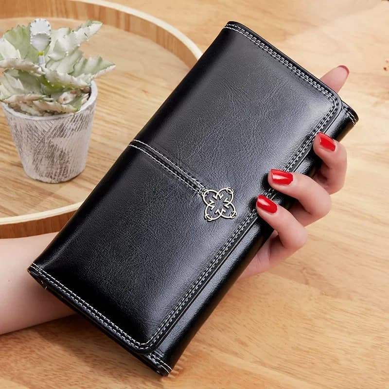Portefeuille Long en cuir ciré à l'huile pour femmes, pince à billets rétro, grande capacité, pochet