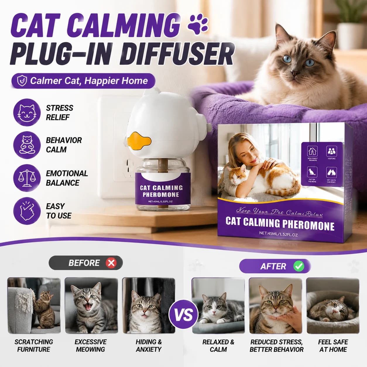 Diffuseur apaisant pour chats d'intérieur, avec phéromones calmantes 45ml, anti-stress et anti-anxié
