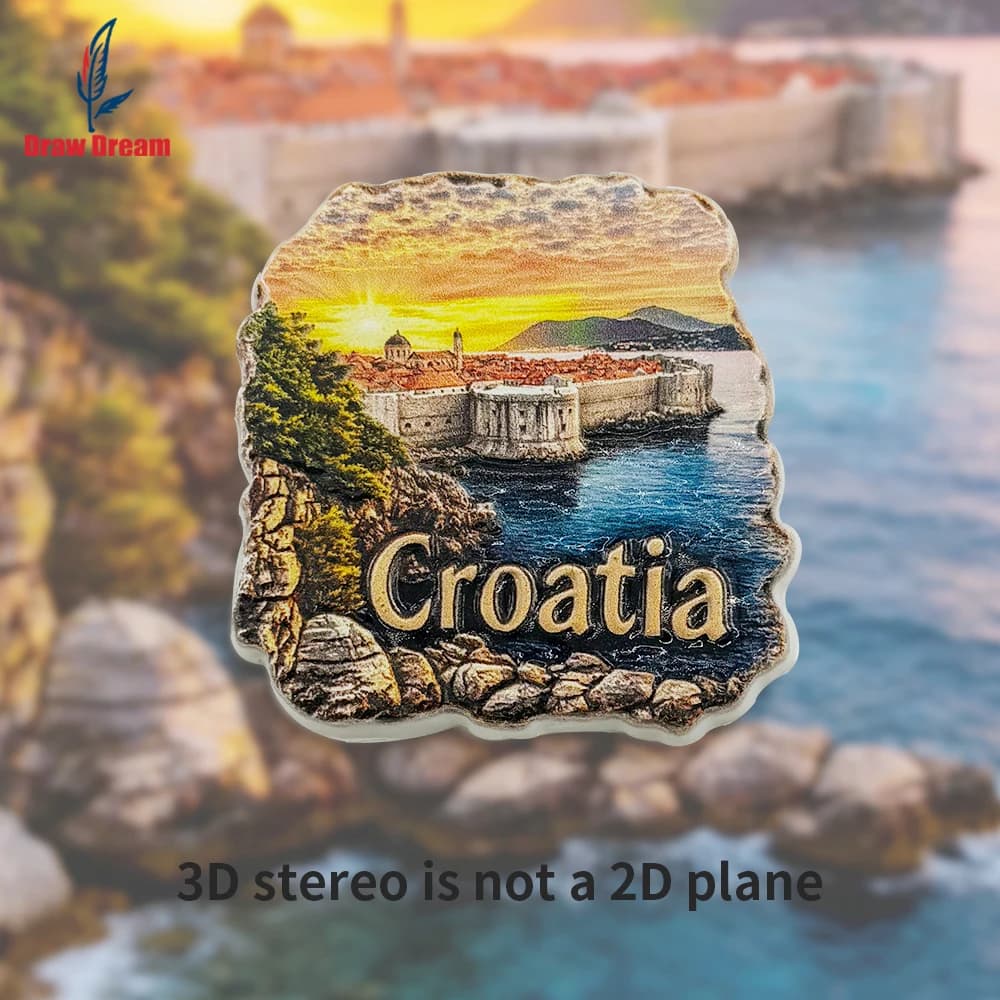 Aimant de réfrigérateur 3D créatif Coucher de soleil en bord de mer de Croatie, 1 pièce, collection