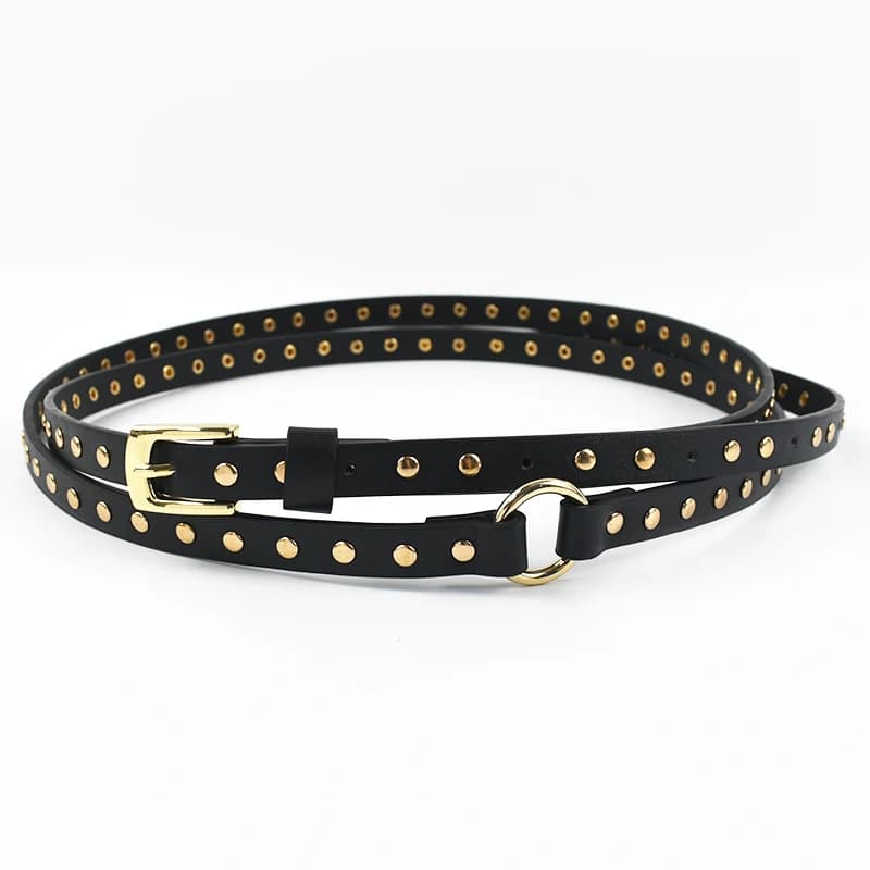 Deepeel-Ceinture fine noire punk pour femme, boucle ardillon en PU, rivet rond à deux anneaux, décor