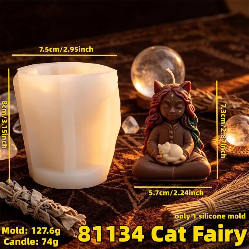 Moule en silicone 3D pour bougies et résine, motif Sorcière méditative avec chat, sculpture spiritue