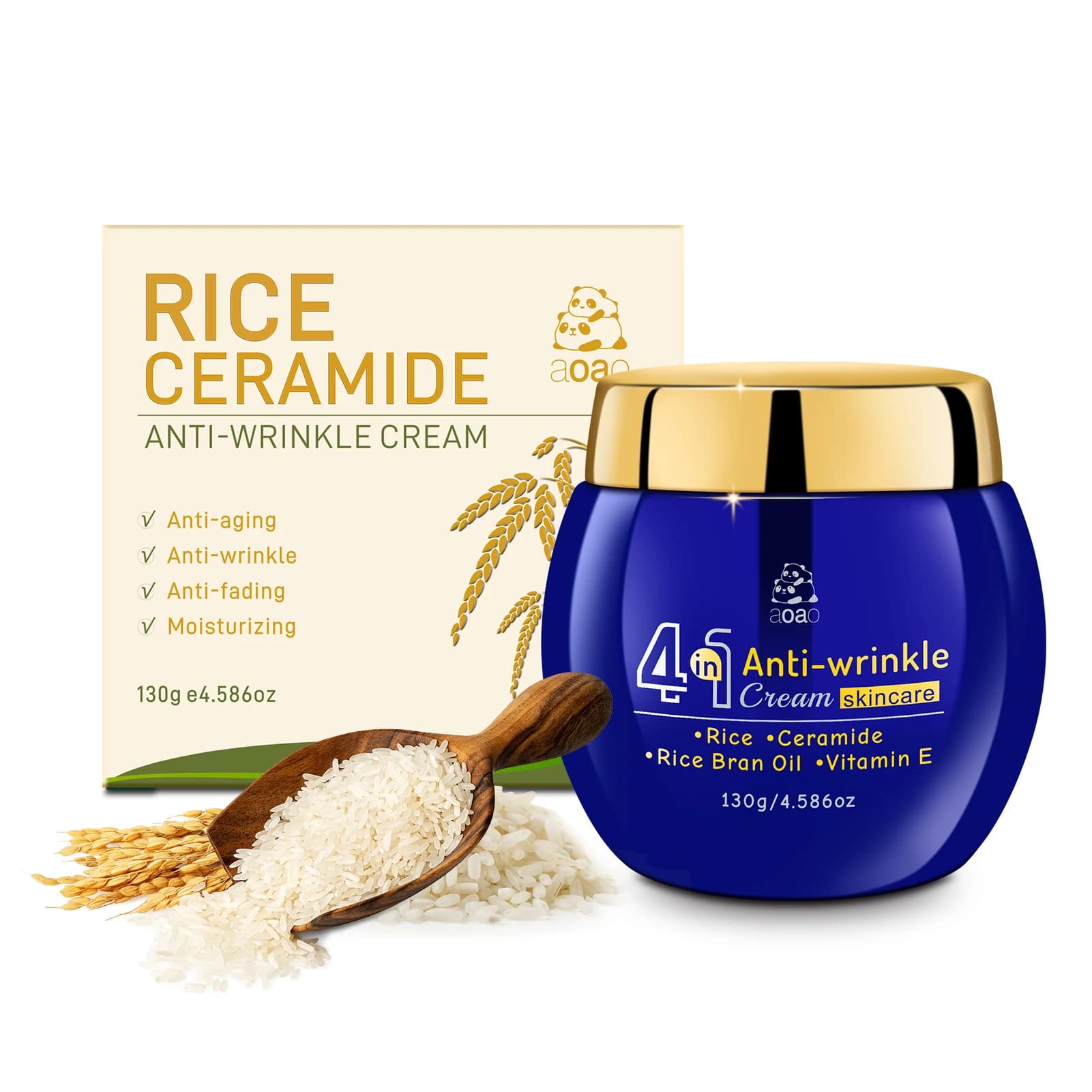Crème anti-rides 4-en-1 au riz, aux céramides, à l'huile de son de riz et à la vitamine E – Crème an