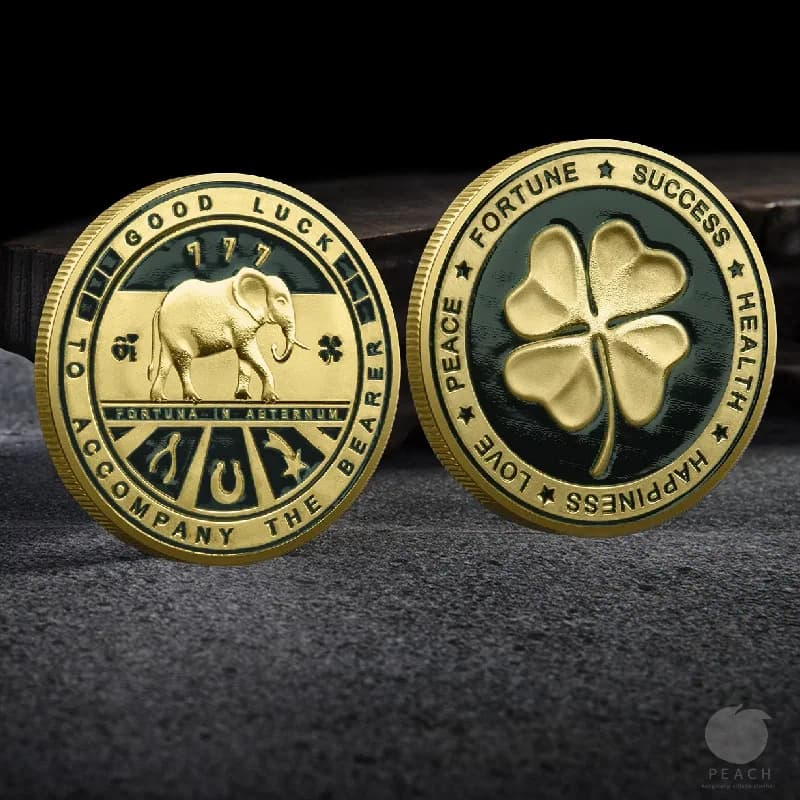 Pièce de monnaie porte-bonheur double face – Trèfle à quatre feuilles et éléphant, commémorative pou