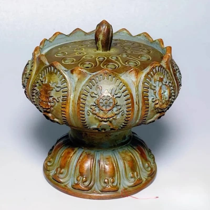 Brûleur d'encens en bronze antique à huit symboles porte-bonheur, ornement de table pour cérémonie d