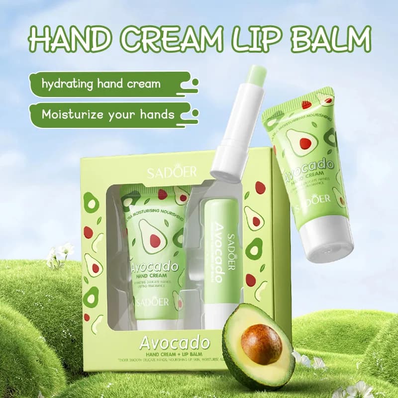 Ensemble de crème pour les mains et baume à lèvres à l'avocat SADOER, 2 pièces, kit de soin hydratan