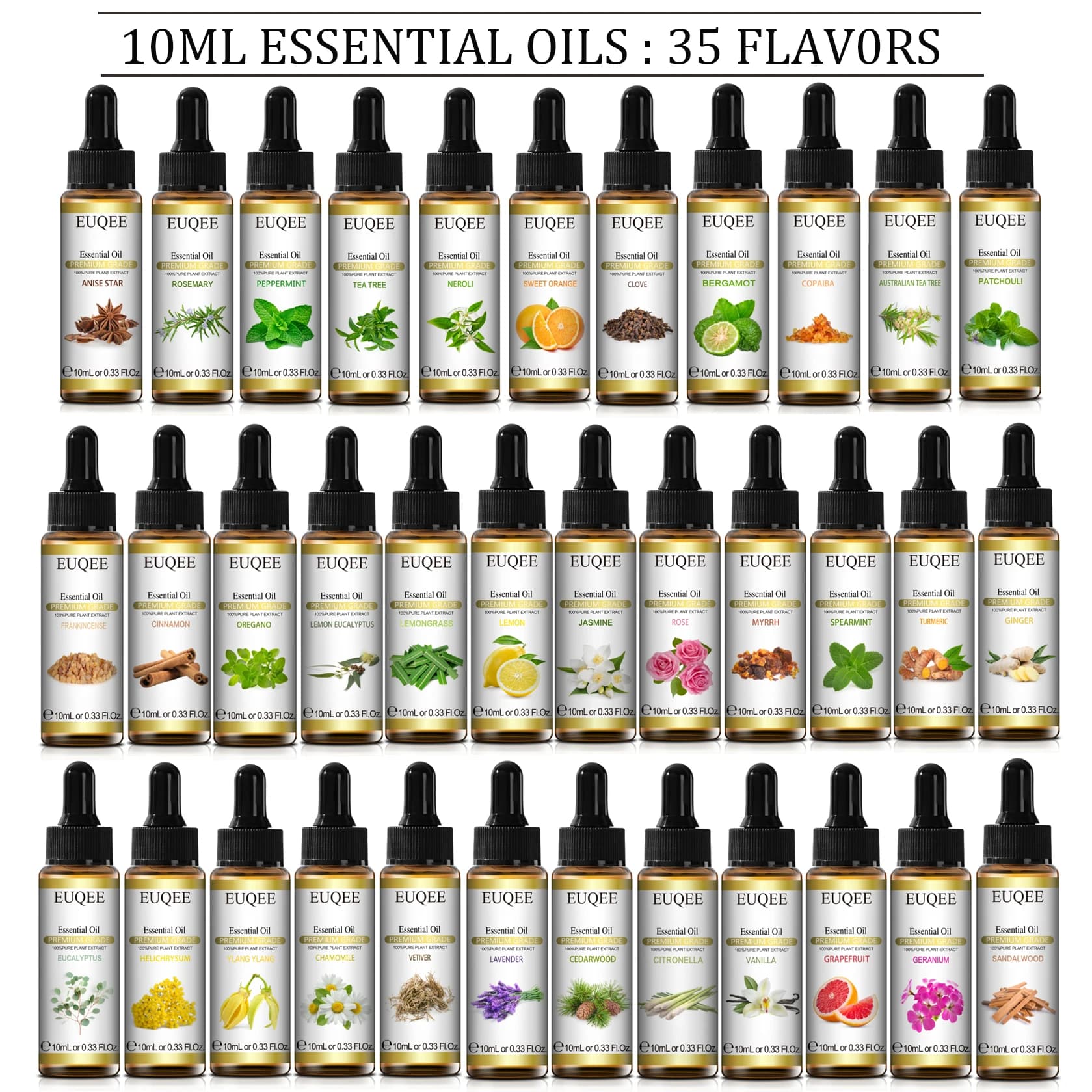 EUQEE 10ml avec compte-gouttes huile essentielle végétale naturelle pour diffuseur lavande menthe ve