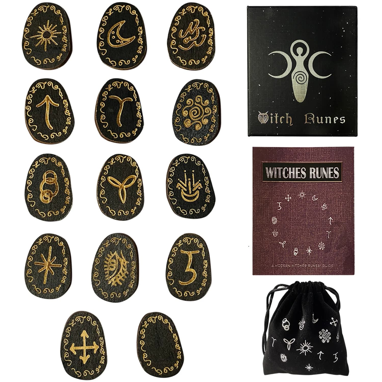 Ensemble de runes de sorcière mystique, 13 pièces, pierres de rune en bois avec symboles, outils de