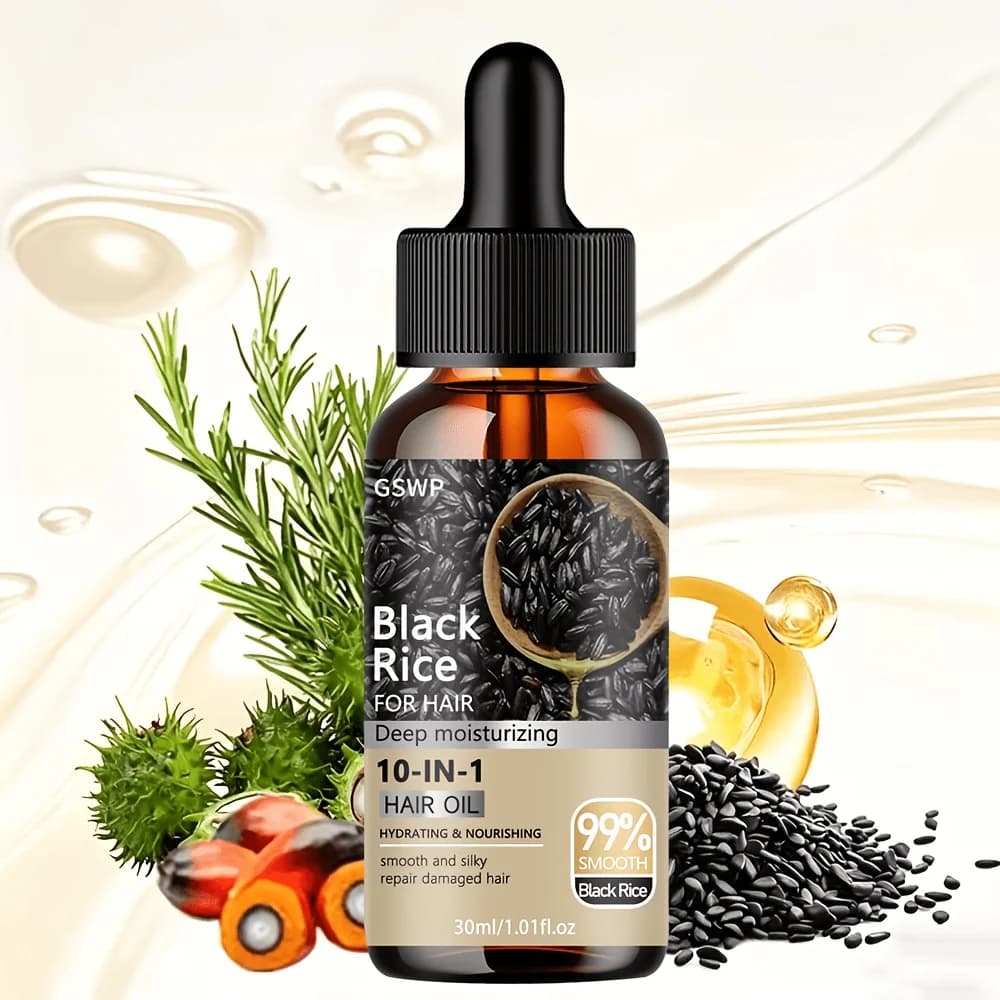 Huile capillaire 10-en-1 au riz noir, huile nourrissante pour cheveux, réparation en profondeur des