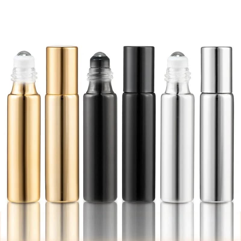 Bouteilles à roulettes d'huile essentielle en verre or/noir de 10ml, 200 pièces, avec boules à roule