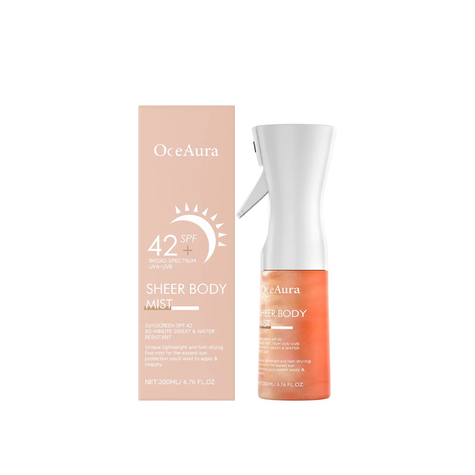 Spray solaire OceAura avec SPF42, protection anti-UV, prévention des coups de soleil, contrôle du sé