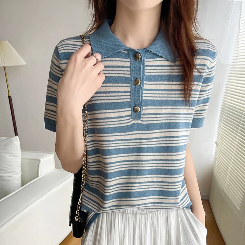 Pull rayé à manches courtes pour femme, t-shirt 100% coton, col rabattu, chemisier pour femme, t-shi