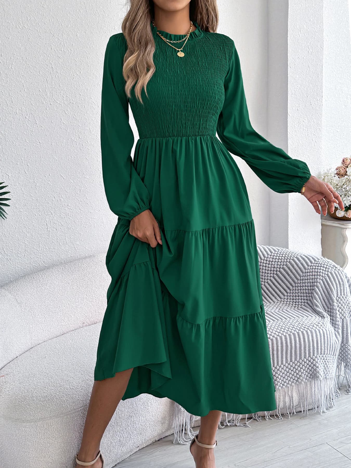 Robe mi-longue à manches longues et col rond pour femmes, couleur unie, vacances de printemps, taill