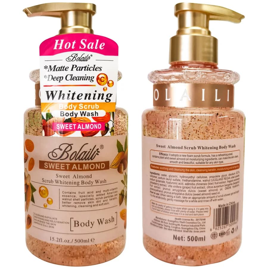 Gel Douche Exfoliant et Hydratant à l'Amande Douce, Éclaircissant et Nettoyant en Profondeur pour le