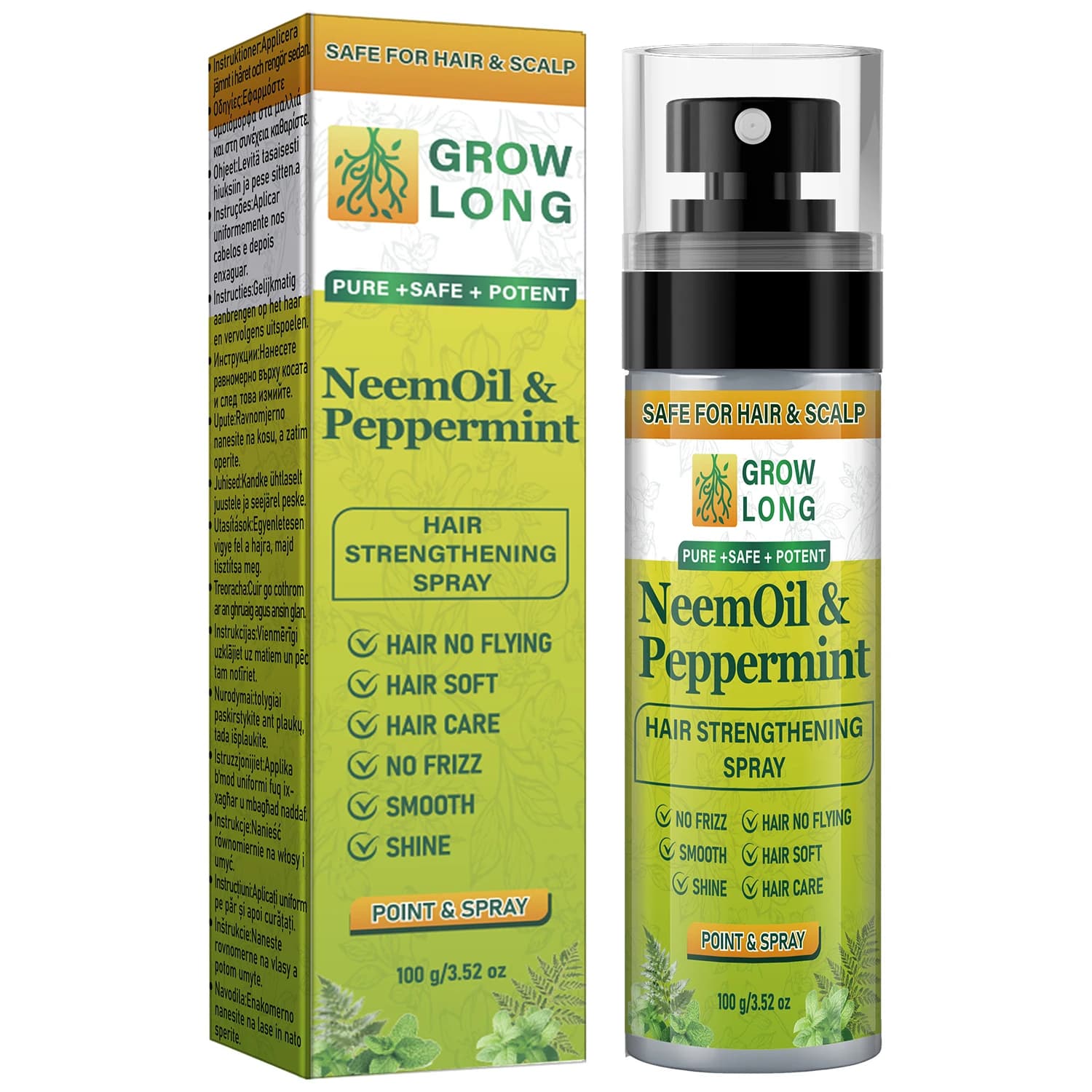 Spray fortifiant pour cheveux à l'huile de Neem et à la menthe poivrée - Lisse et brillant, sans dan