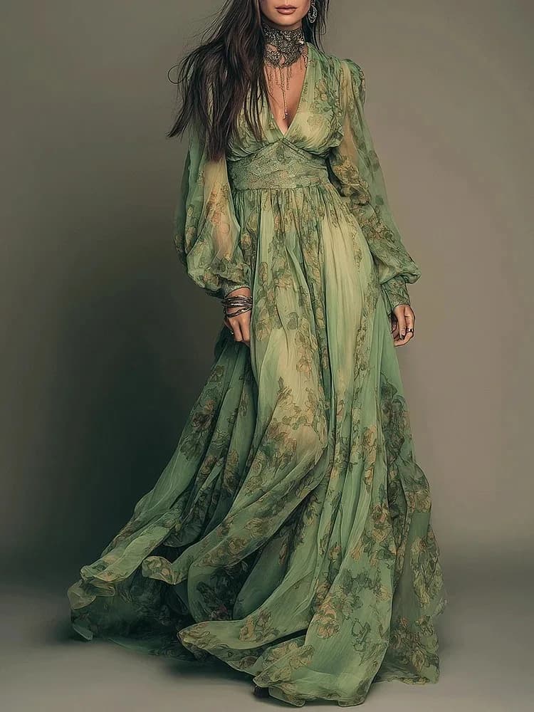 Nouvelle Robe Longue Fluide à Col en V et Manches Longues Imprimées pour Femme, Taille Cintrée, Jupe