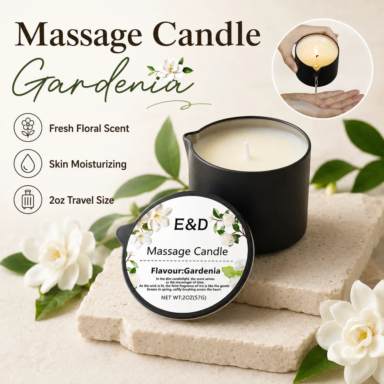 Bougie de massage à l'huile de gardénia 2oz
