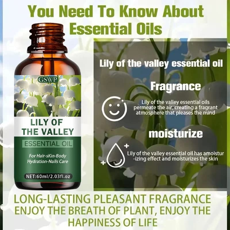 Huile essentielle de lys de la vallée de Noël GSWP, adaptée aux soins des cheveux, de la peau et des ongles. Contient de la glycérine. 60 ml/120 ml