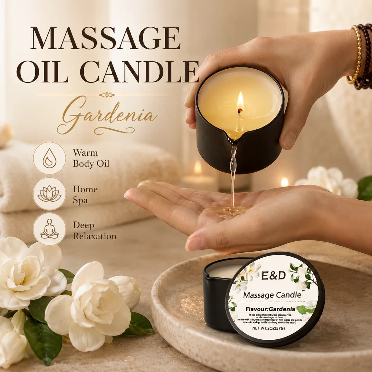 Bougie de massage à l'huile de gardénia 2oz