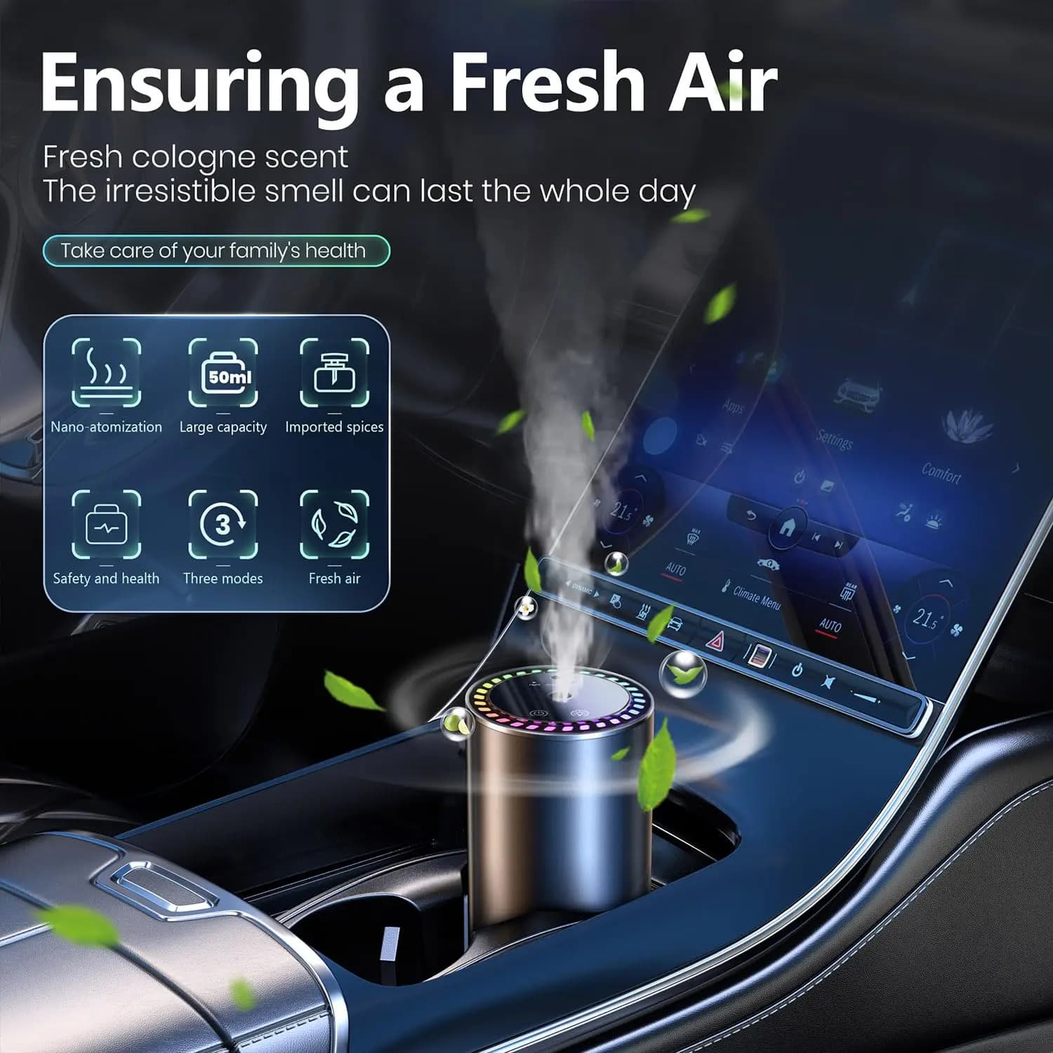 Diffuseur d'Arôme Intelligent pour Voiture avec Humidificateur Rechargeable, Désodorisant aux Huiles Essentielles, 3 Niveaux Rég