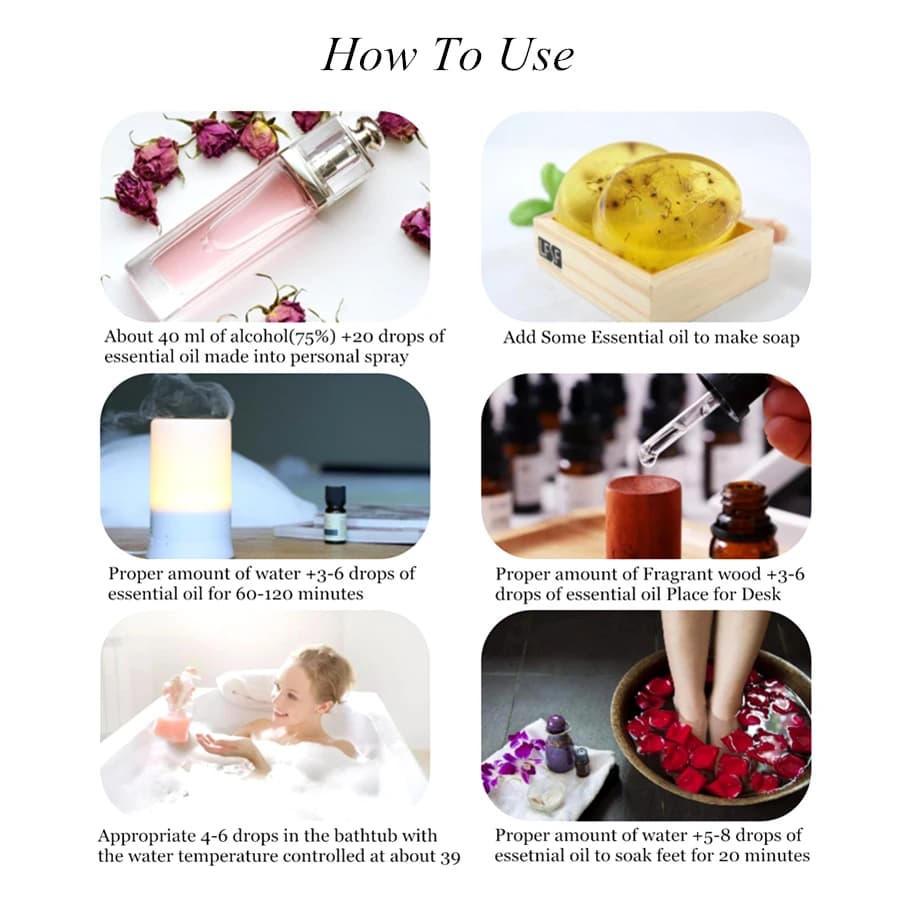 3 jours d'arrivée Diffuseur d'huile essentielle à la lavande avec compte-gouttes, 10ml, 30ml, 100ml, Rose, vanille, pathuli, citronnelle, camomille, genièvre