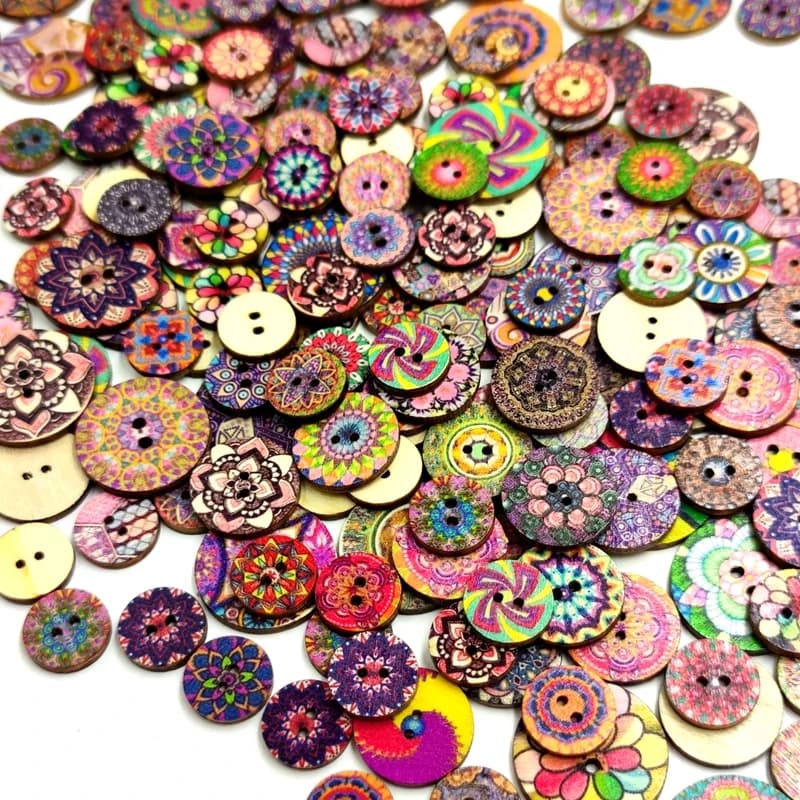 Lèvent ronds rétro en bois, processus de couture à la main, impression de copeaux de bois, bouton à deux trous, décoration de vêtements, bricolage, 15mm, 20mm, 25mm, 100 pièces