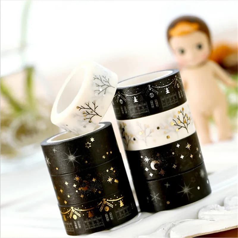 1 rouleau de ruban adhésif Washi avec étoiles dorées et argentées, ruban adhésif pour scrapbooking, bricolage, autocollants de bureau, design personnalisé