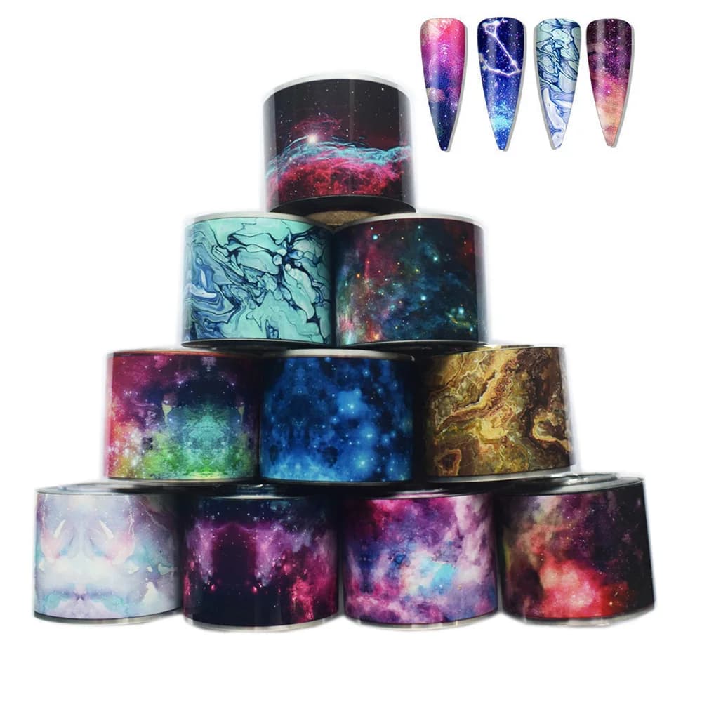 Décalcomanies pour ongles ciel étoilé, 10 rouleaux de feuilles de marbre brillant, décorations par transfert, 50m x 4cm, Art holographique, à bricolage