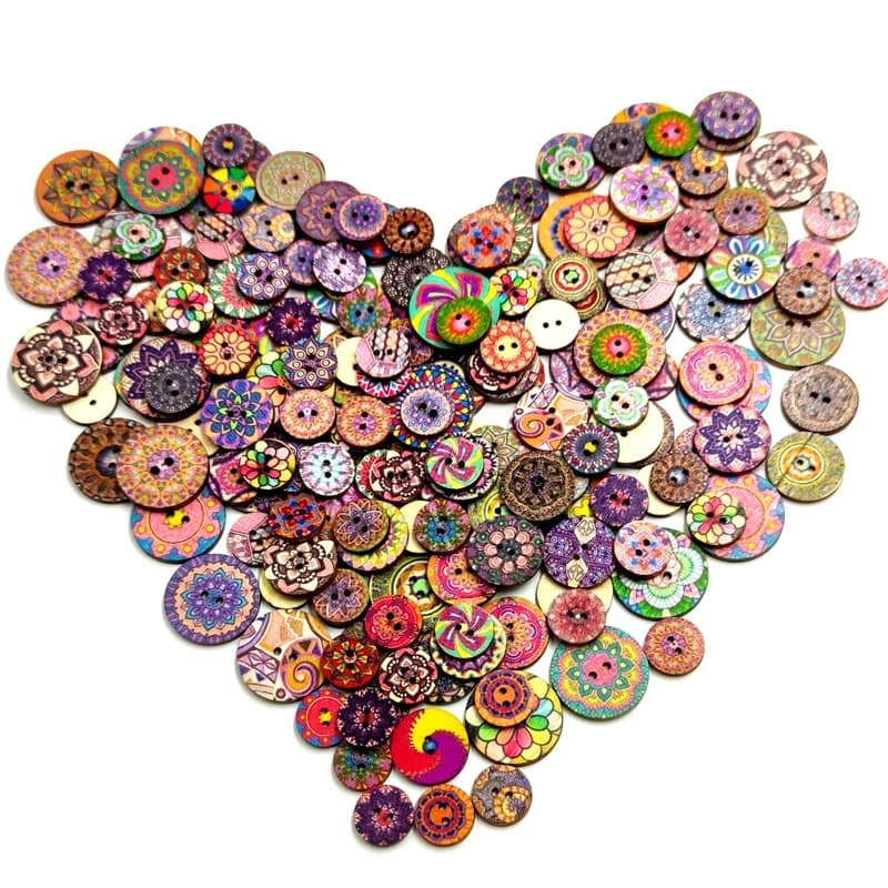 Lèvent ronds rétro en bois, processus de couture à la main, impression de copeaux de bois, bouton à deux trous, décoration de vêtements, bricolage, 15mm, 20mm, 25mm, 100 pièces