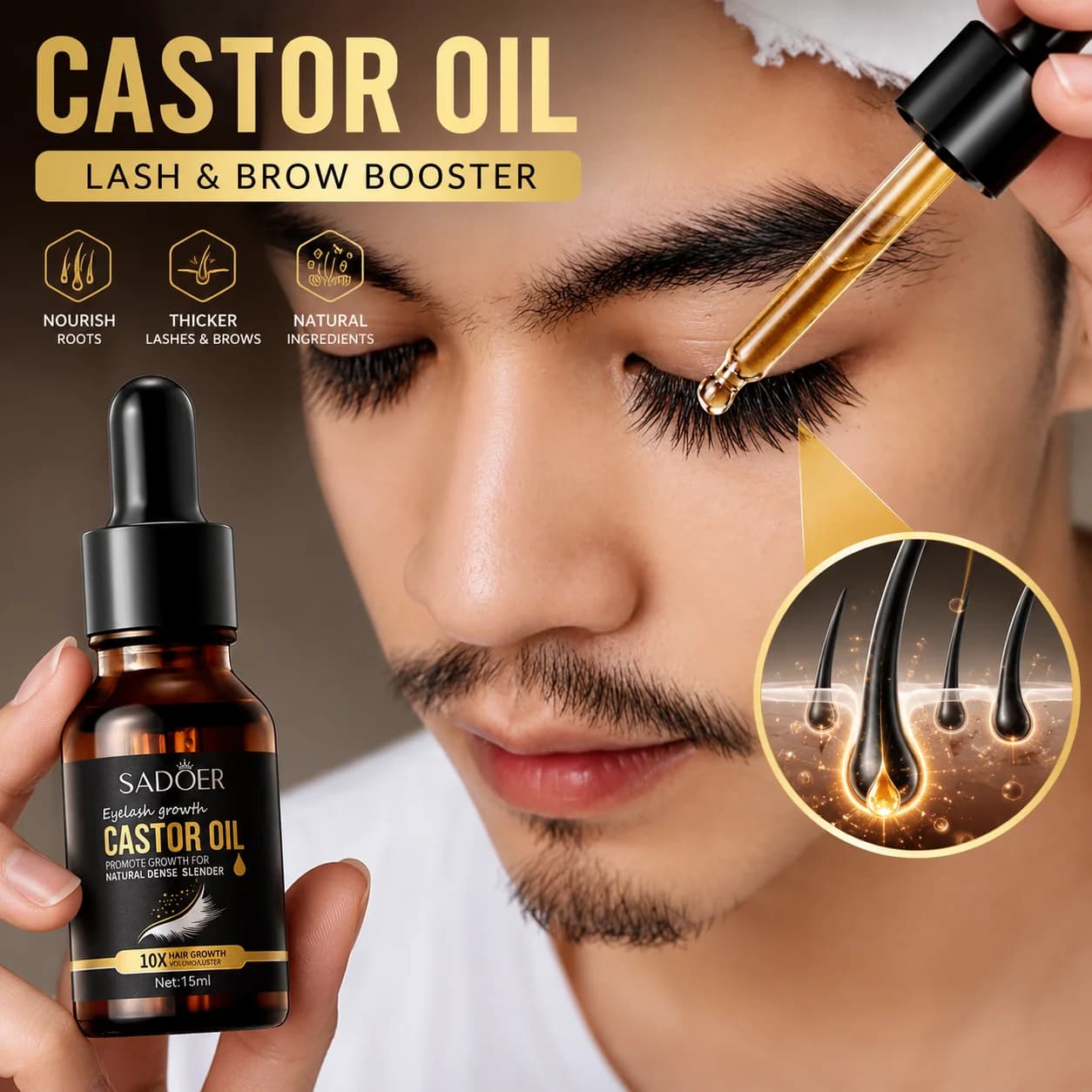 Sérum de croissance des cils à l'huile de ricin 10X+, booster pour cils et sourcils, rehausseur de sourcils, cils plus longs, plus épais, plus volumineux, huile nourrissante pour soins quotidiens 15ML