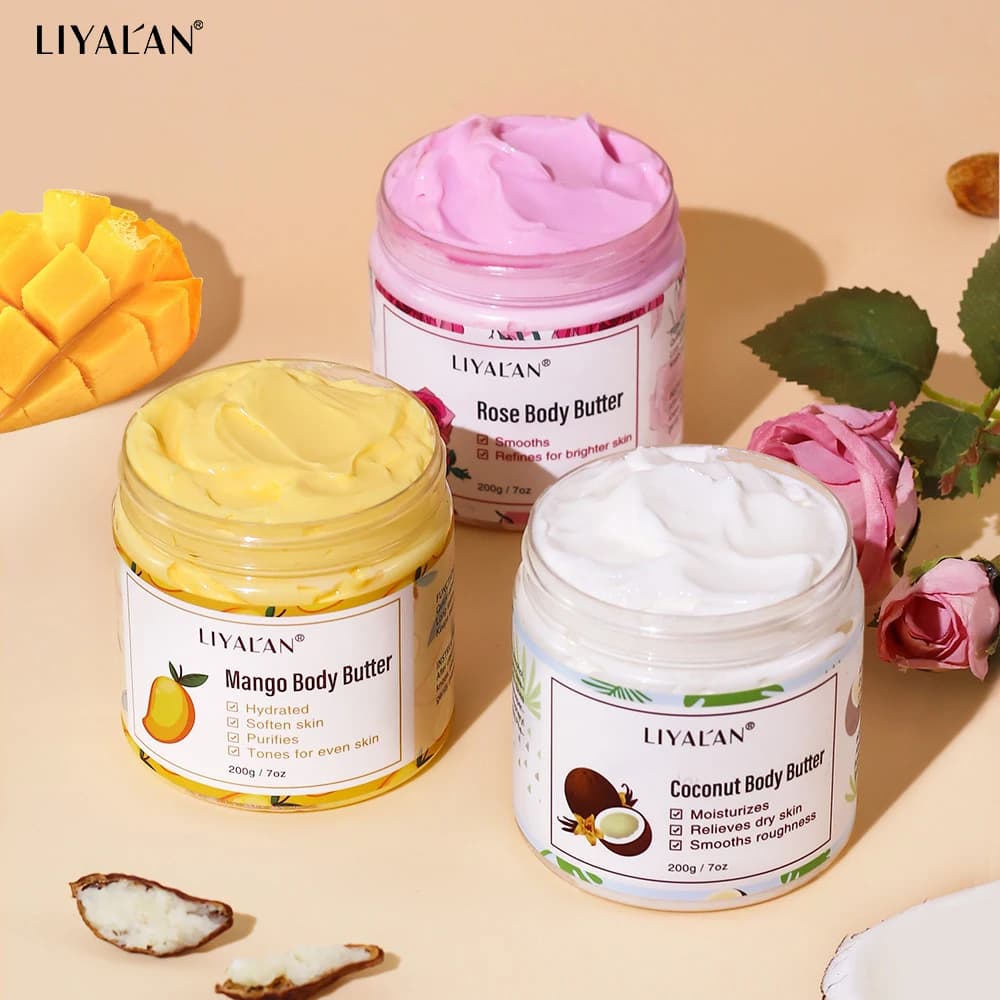 Beurre de karité apaisant la peau sèche nourrir hydratant lisse rugueux crème d'hydratation profonde noix de coco Rose mangue soin de la peau Lotion pour le corps