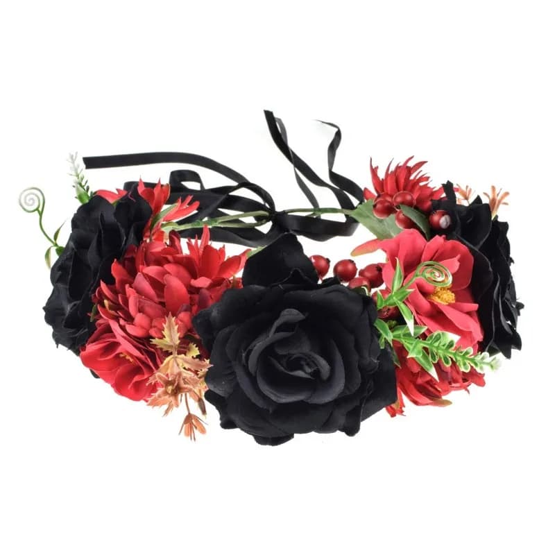Bandeau à fleurs du jour des morts, couronne de fleurs de roses (rouge noir)