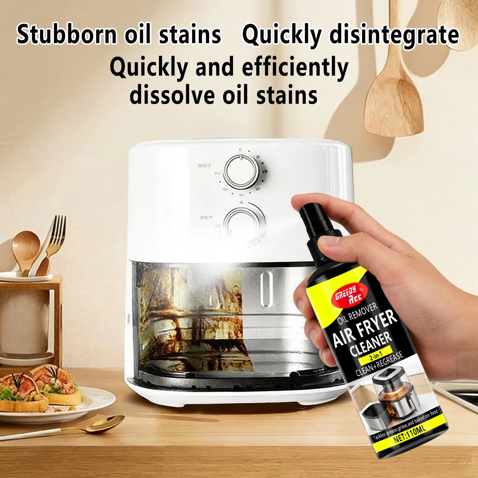 Nettoyant pour friteuse à air, spray puissant anti-taches d'huile pour les restes de nourriture et la graisse incrustées, 110 ml avec chiffon de nettoyage, accessoires de nettoyage de cuisine