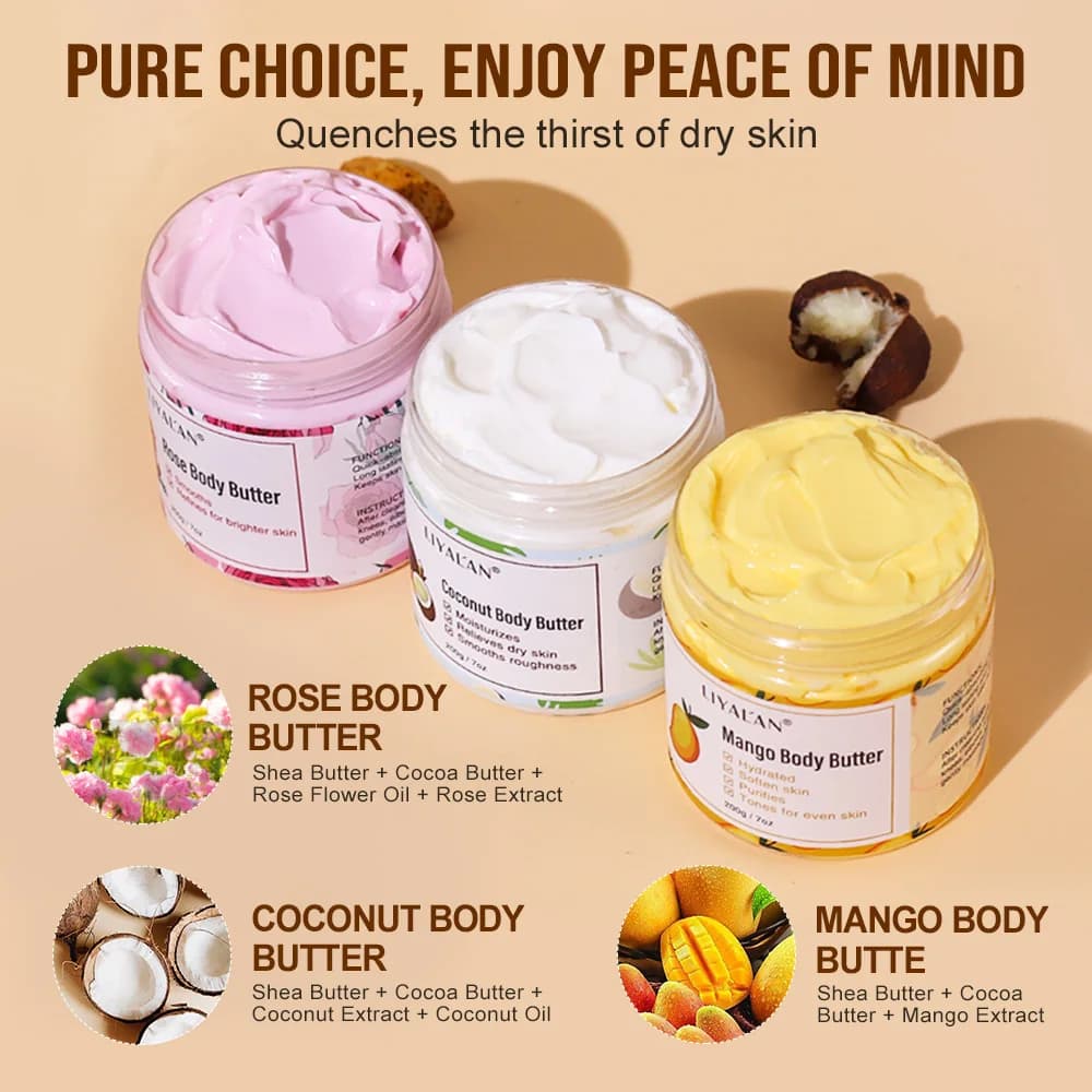 Beurre de karité apaisant la peau sèche nourrir hydratant lisse rugueux crème d'hydratation profonde noix de coco Rose mangue soin de la peau Lotion pour le corps