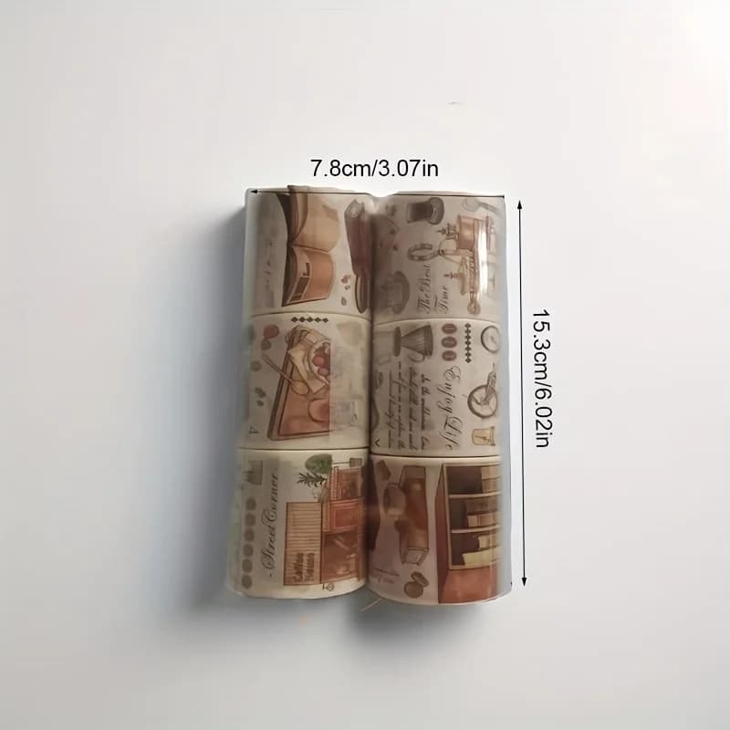 6Roll-up 5 cm × 200 cm, ensemble de rubans Washi sur le thème de la vie du café, avec motifs de la vie rurale – Parfait pour le scrapbooking, artisanat décoratif
