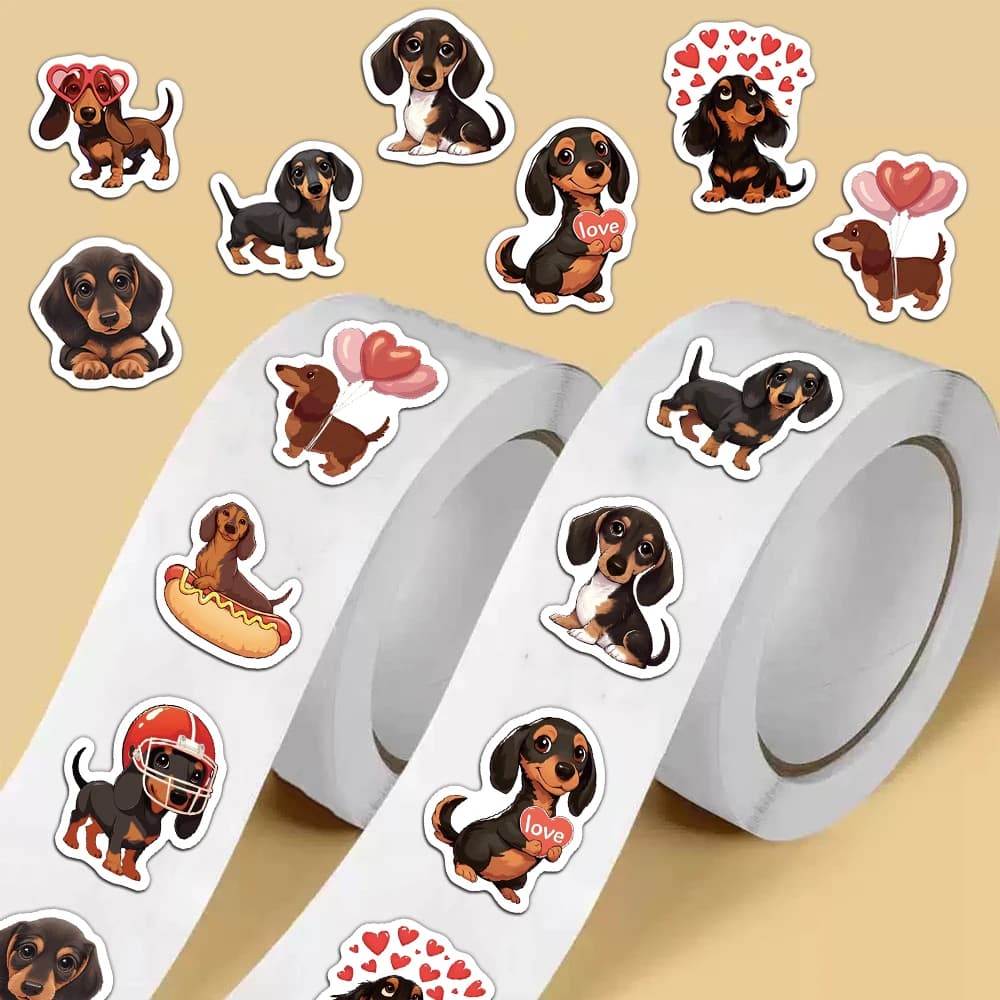 Autocollant en rouleau de dessin animé de chien de saucisse mignon, autocollant de sceau d'enveloppe de compte à main, autocollant décoratif étanche 500 pièces