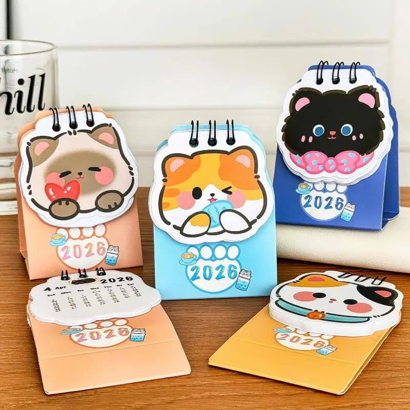 Mini calendrier de bureau avec chat de dessin animé