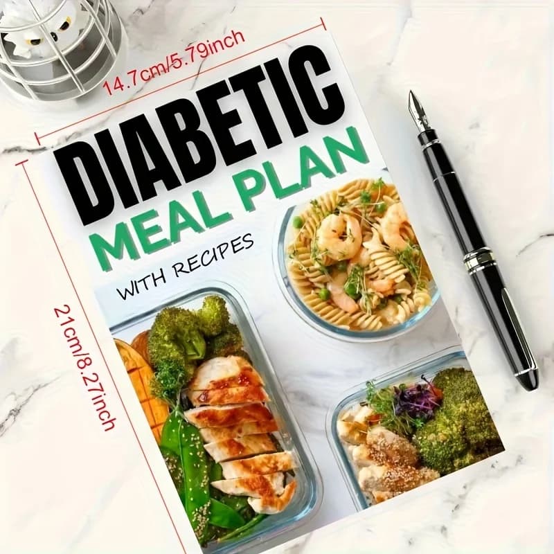 Plan repas diabétique A5 de 91 pages avec recettes, liste des aliments pour diabétiques et planificateur de repas, tableau des aliments pour diabétiques de type 2
