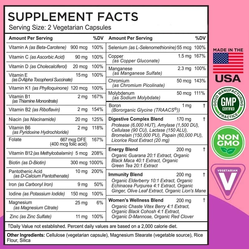 Complexe de vitamines pour femmes, 22 nutriments essentiels, fruits et légumes, améliore l'énergie, l'immunité et la santé cardiaque, 60 capsules