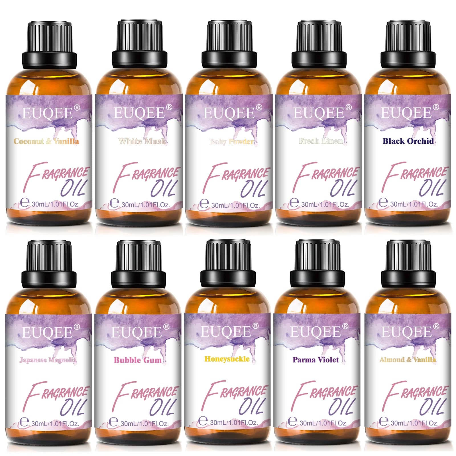 EUQEE 30ml huile parfumée Premium pour diffuseur aromathérapie noix de coco et vanille musc blanc gomme à bulles lilas arôme huiles parfumées
