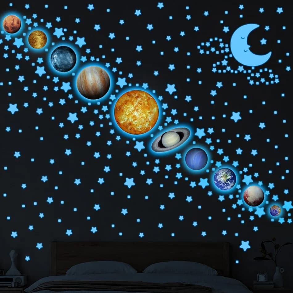 Autocollants muraux planètes qui brillent dans la nuit, sparadrap étoiles lumineuses pour chambre d'enfants, décoration murale auto-adhésive pour plafond de pièce, DIY bricolage