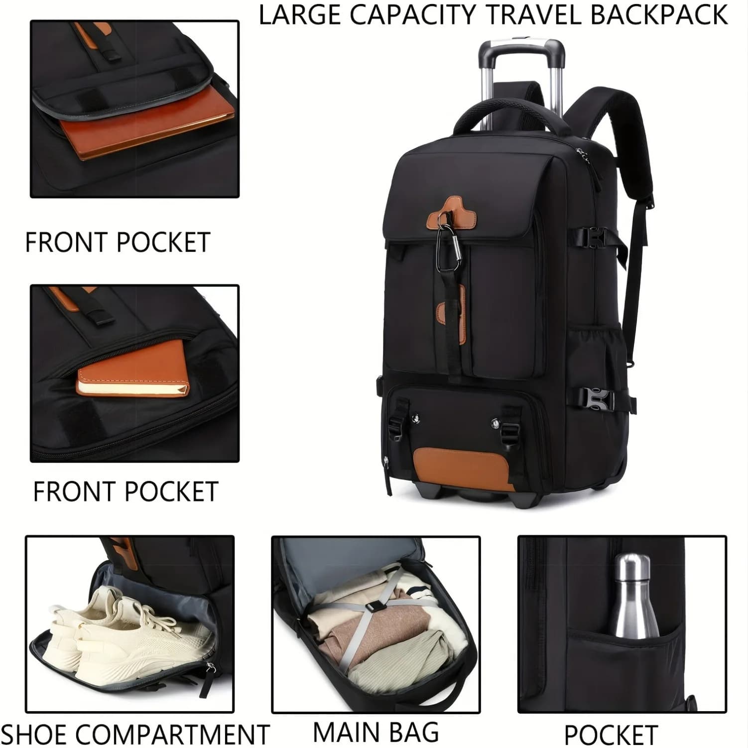 Sac à dos à roulettes grande capacité, sac à dos de voyage avec roulettes, bagage à main pour hommes, sac à dos de voyage extérieur à roulettes