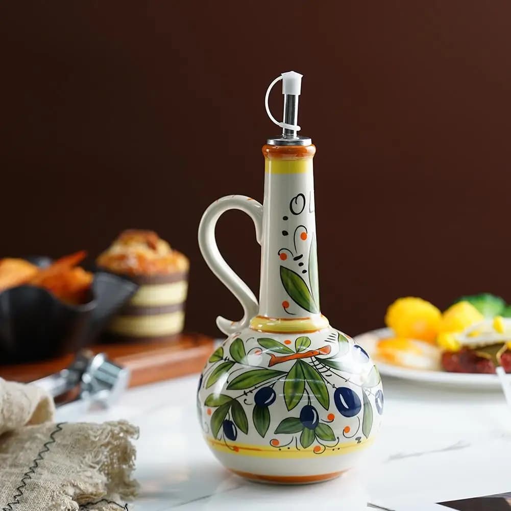 Distributeur d'huile d'olive de 500ml, bouteille de vinaigre d'huile en céramique en relief, conteneur de condiments, boîte d'huile en céramique, bouteille d'huile, distribution de stockage