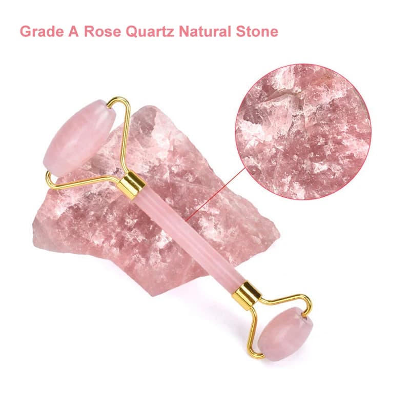 Rouleau de massage en quartz rose et jade + grattoir Gua Sha en pierre naturelle, masseur de cou, dos et visage, outils amincissants et anti-rides 3 en 1