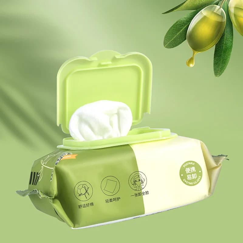 Lingettes humides démaquillantes à l'extrait de plante d'olive avec une eau suffisante pour le nettoyage et l'hydratation, 30 feuilletées