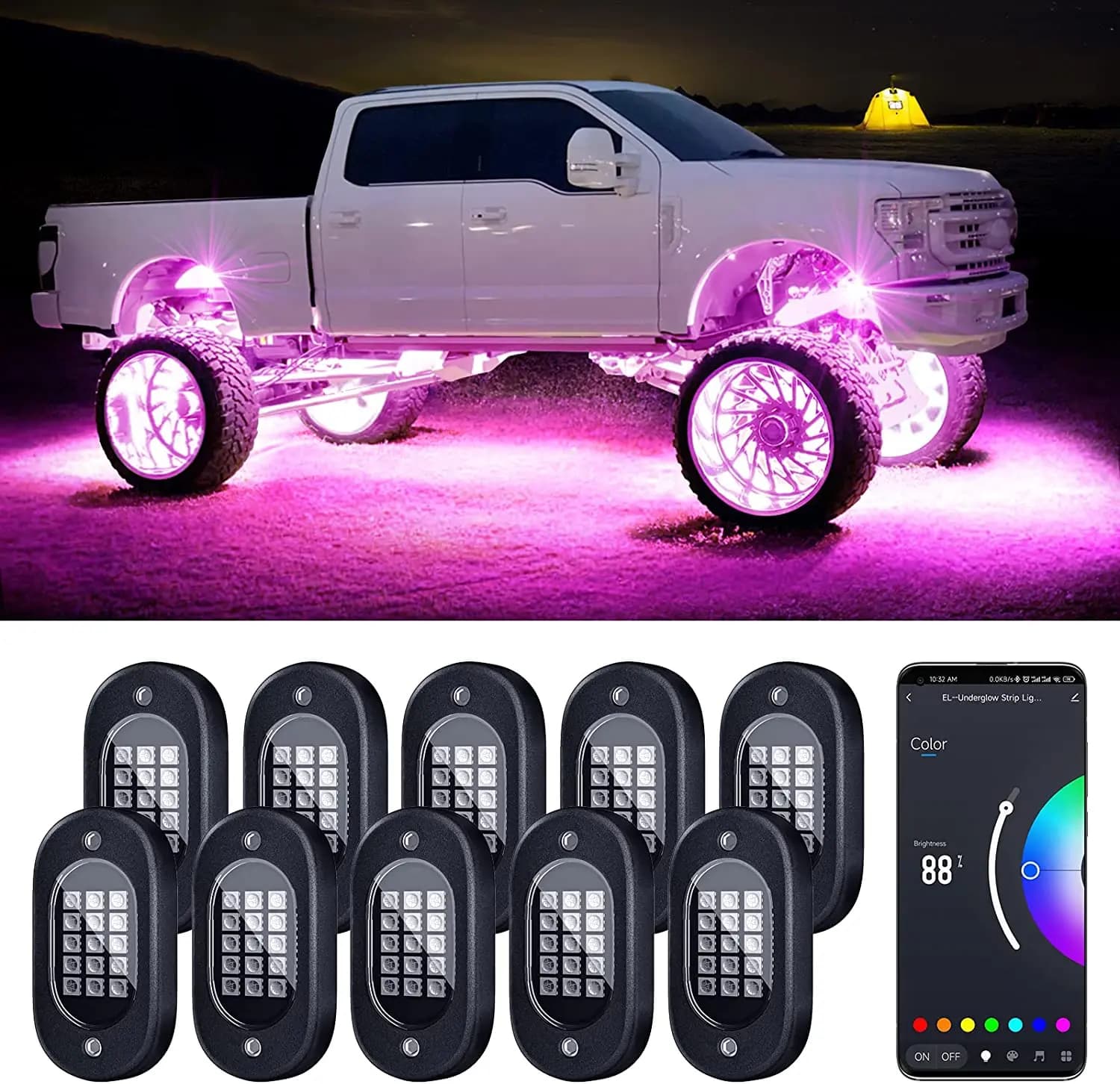 Feux LED RGB pour voiture, 4/6/8/10/12/14 modules, contrôle par application, musique, néon, éclairage de châssis pour tout-terrain, camion, SUV