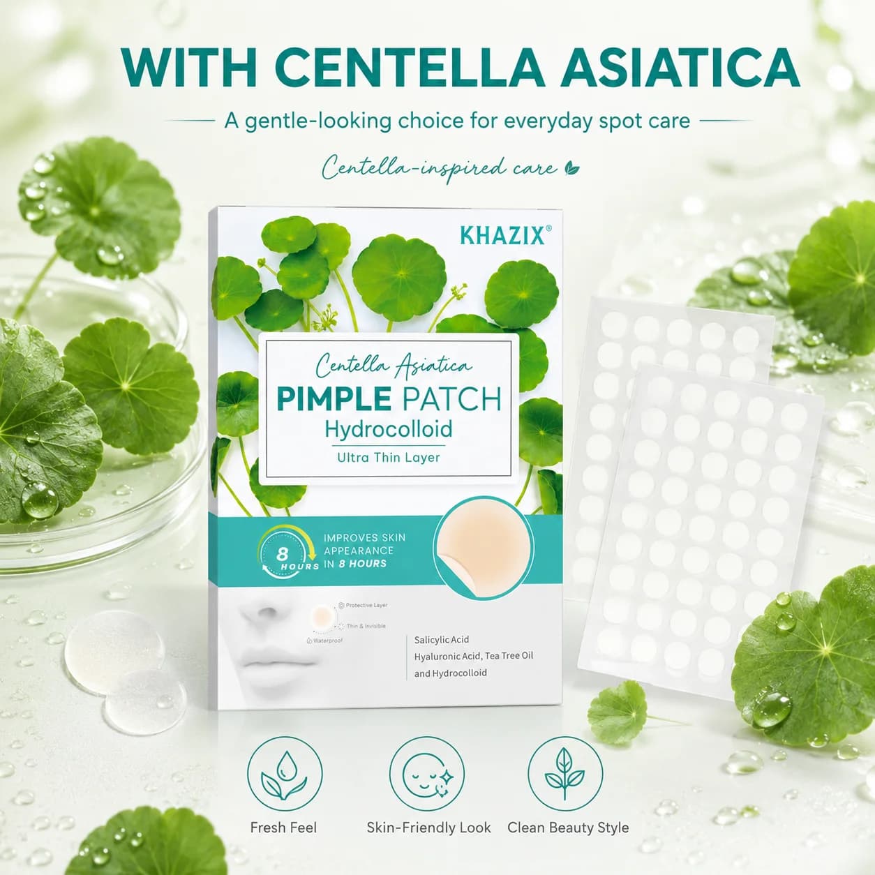 Pansements hydrocolloïdes à la Centella Asiatica pour l'acné et les imperfections, 12/24 pièces