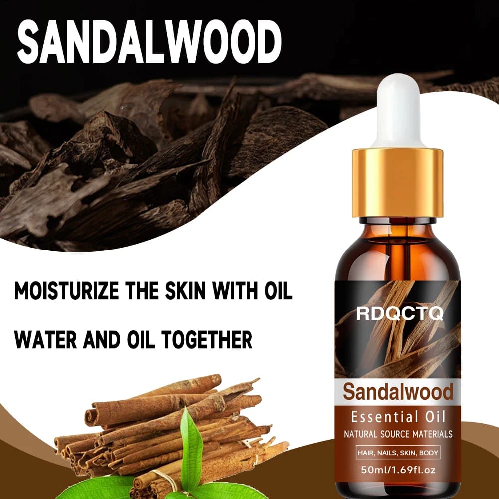 RDQCTQ Huile essentielle de bois de santal : huile naturelle biologique pour cheveux, ongles, peau, corps, sérum hydratant pur pour soins d'aromathérapie