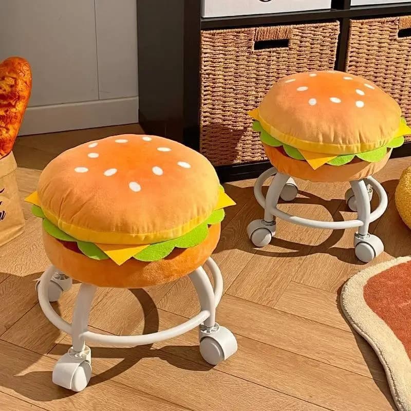 Tabouret roulant en forme de hamburger, chaise pivotante rembourrée et moelleuse avec roulettes, mobilier amusant pour enfants pour salon et chambre à coucher
