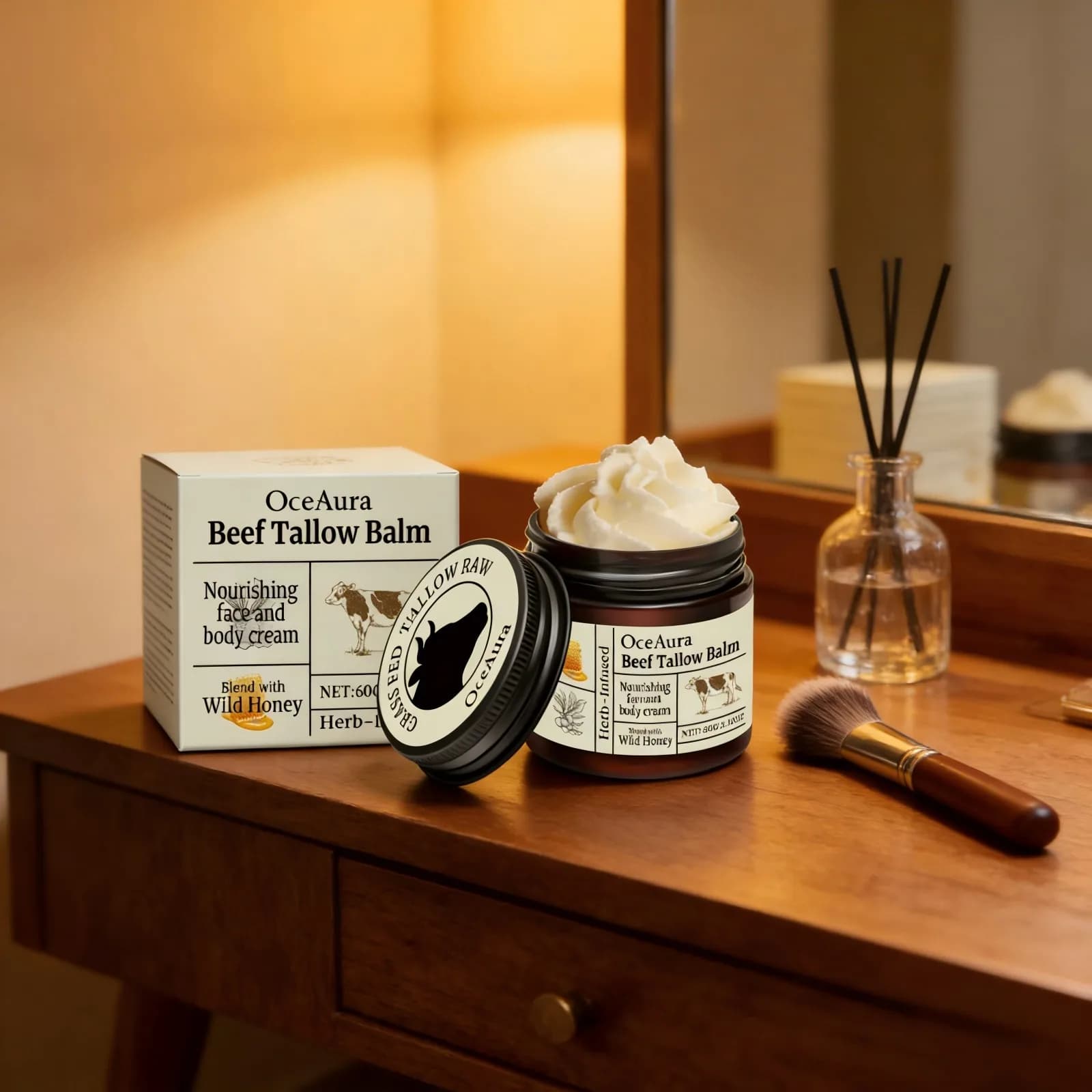 Baume au suif de bœuf et au miel OceAura – Soin réparateur de la barrière cutanée, hydratant corporel anti-gerçures, crème nourrissante pour le visage à l'huile d'olive