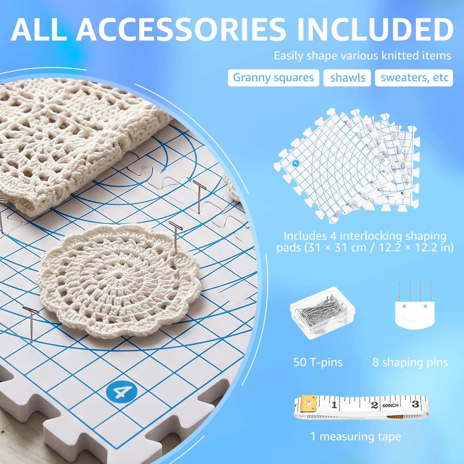 Planche de blocage en mousse pour tricot, planche de blocage portable à grille pour débutants, pour le tricot et le crochet, tapis de blocage en mousse pour artisanat